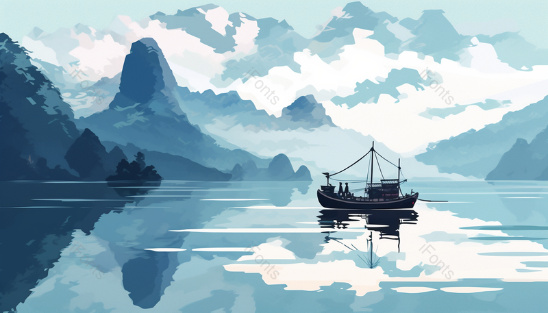 中国风蓝色意境唯美山水画手绘插画,插画/手绘图,插画/手绘图库,插画/手绘图下载,插画/手绘